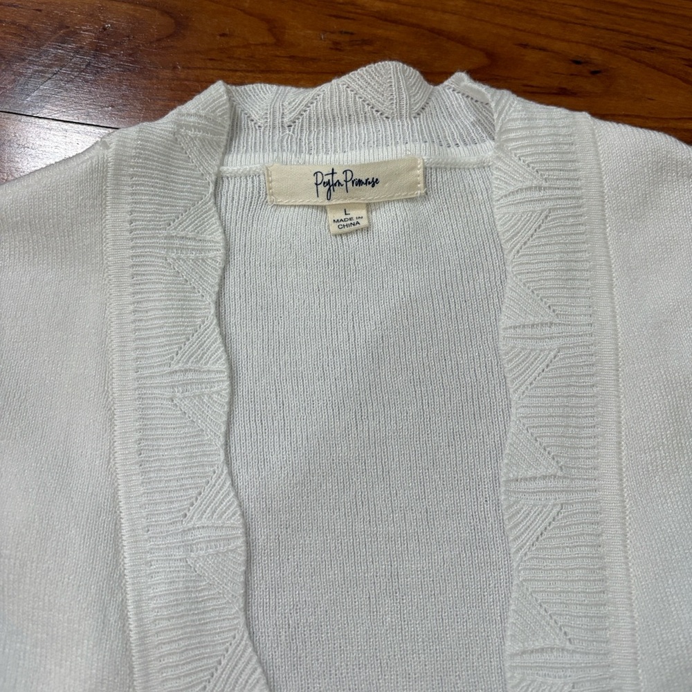 Payton Primrose White Scallop-Trim Open Front Sweater 3/4 Sleeve Sz Large - Picture 2 of 6